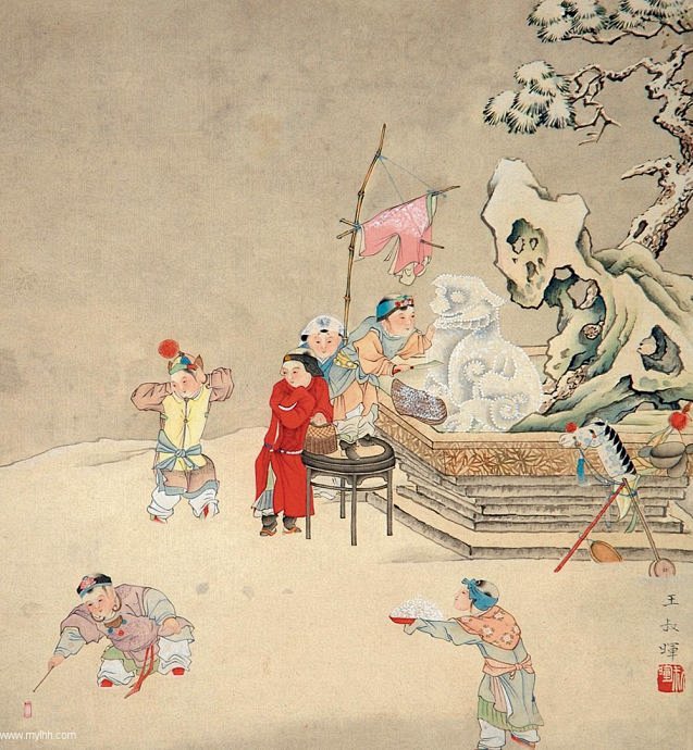王叔晖工笔画欣赏仕女婴戏图