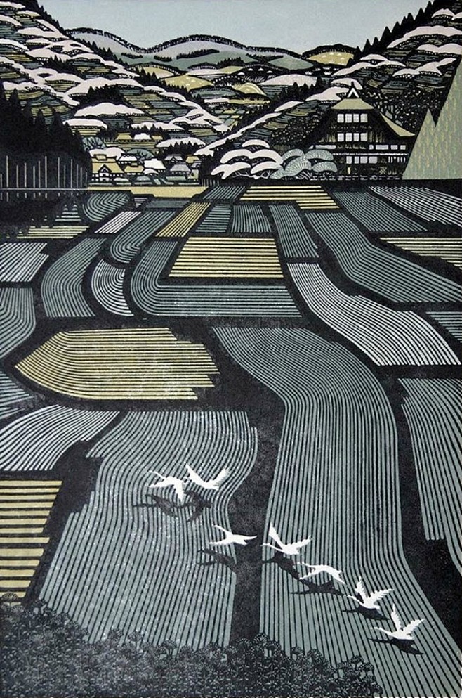 东京艺术家雷森村创作的木刻版画既有古韵传统的构图结构又在构成图形
