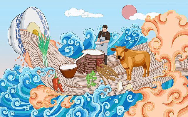 原创国潮风美食淮南牛肉粉丝汤插画素材