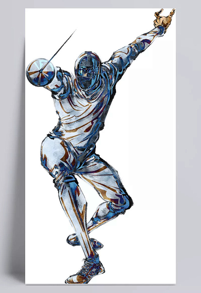 水墨蓝色击剑运动人物水墨蓝色击剑运动人物卡通元素手绘卡通