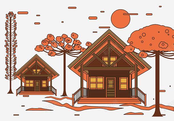 木屋日初春节树林森林森林小屋落日过节黄昏元素免抠png设计图片免费