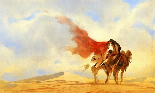 黄沙漫舞晚霞染且停且歌并肩策马纵情一回成双影