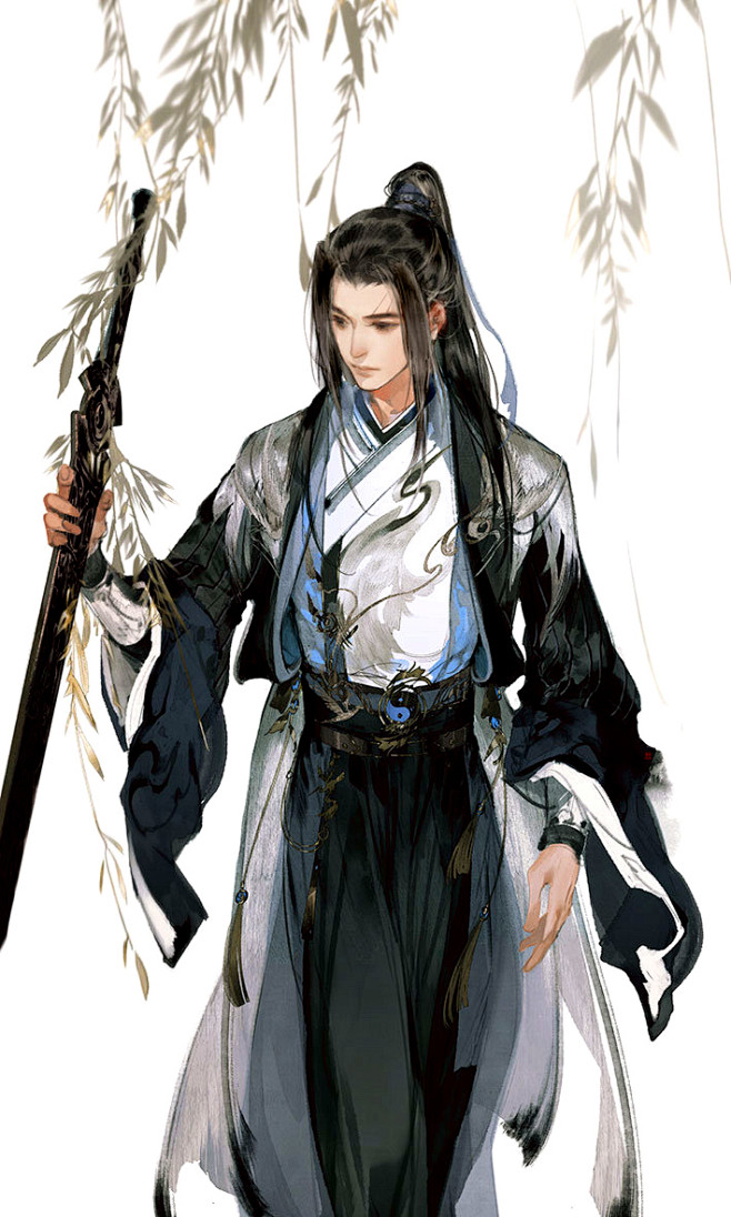 伊吹鸡腿子黑衣美男柳树2前发黑发拿剑