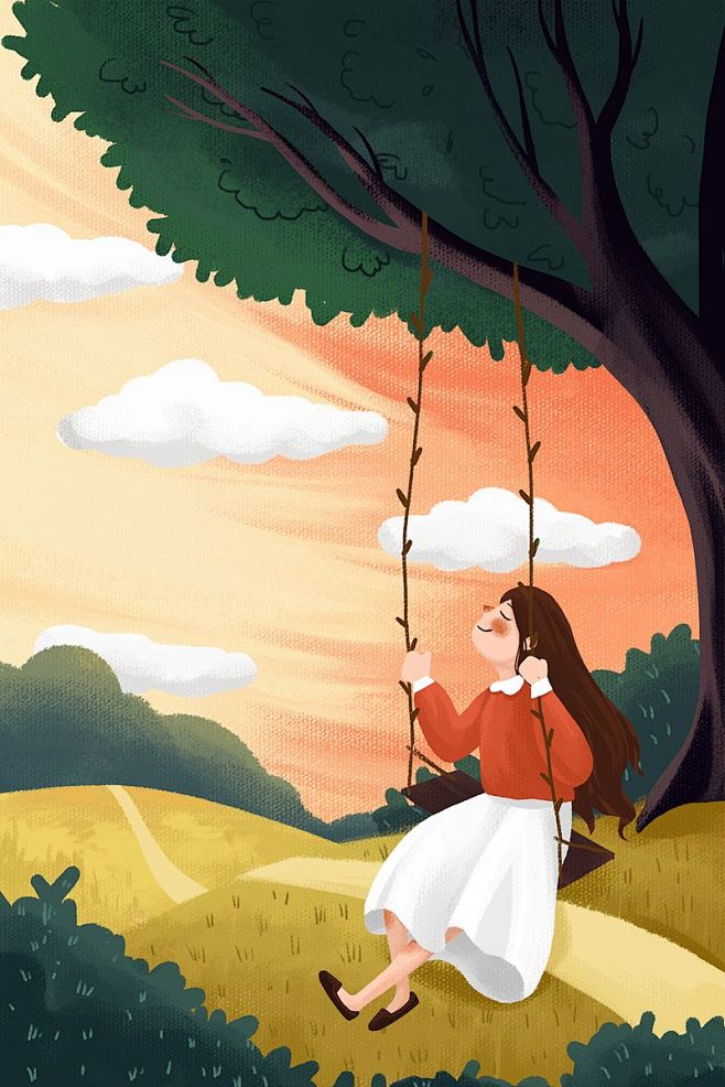 春天女孩荡秋千插画治愈小清新