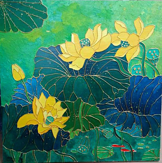 金色荷花沥粉画