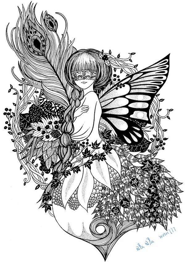 黑白稿蝴蝶女孩