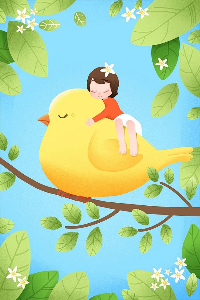 14:37:15立春春分春季春天绿色春天少女小鸟插画卡通插画阿堆该采集也