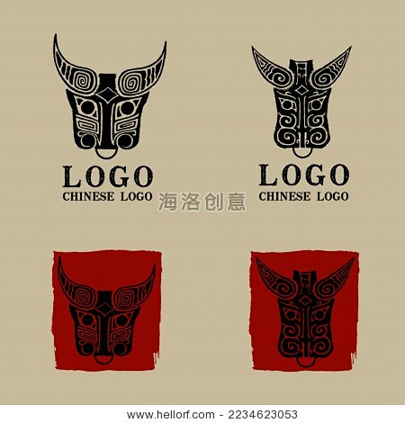 中国古典牛头青铜图案图腾手绘线稿剪影标志logo素材