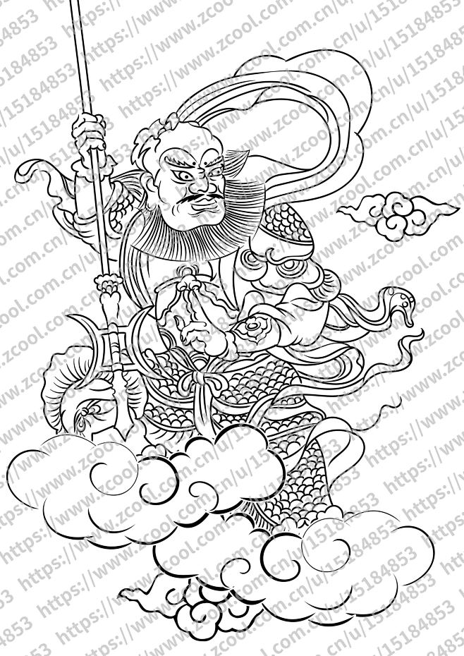 矢量ai线描门神门神插画门神线描人物线稿门神