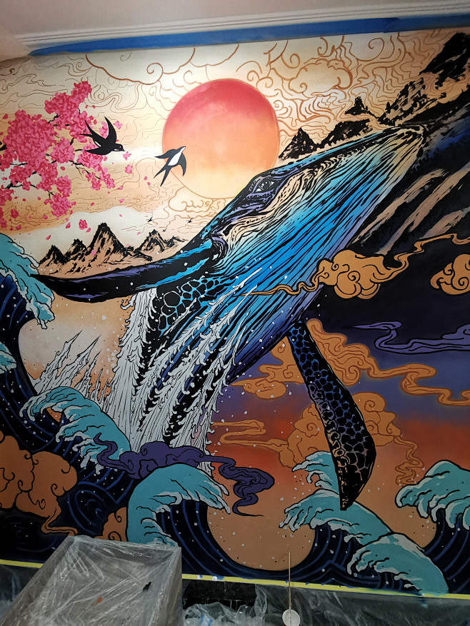 北京墙绘涂鸦浮世绘手绘日式墙绘家庭彩绘经典国风海浪
