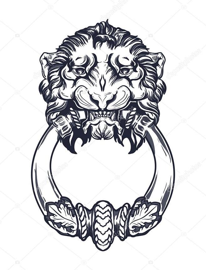 狮子头门环孤立的手绘矢量图