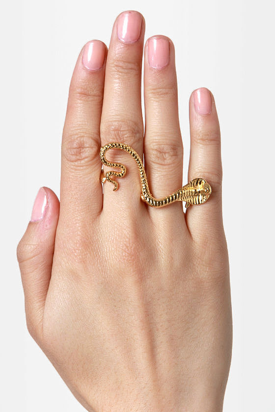 夸张狂野个性眼镜蛇金属金色双环指环戒指