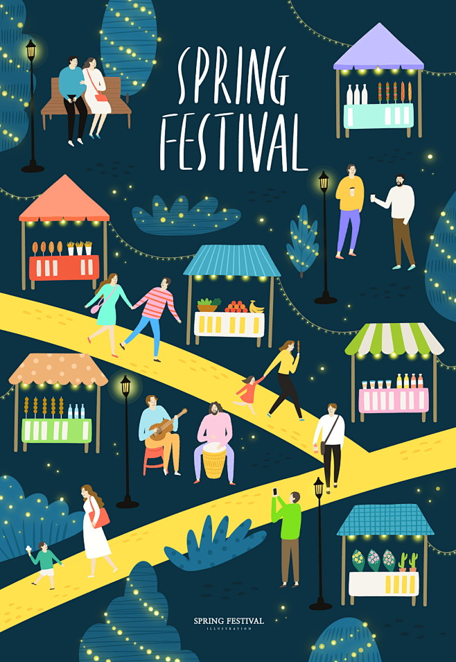 跳蚤市场夜晚夜市小吃游玩现代生活插画跳蚤市场夜晚夜市小吃游玩现代