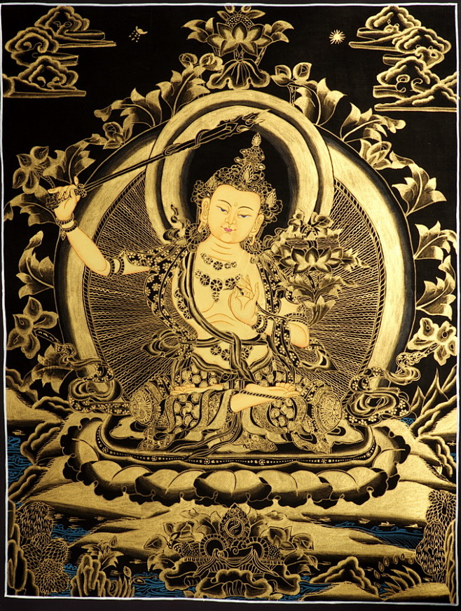 尼泊尔喇嘛纯手绘唐卡黑金文殊菩萨画像