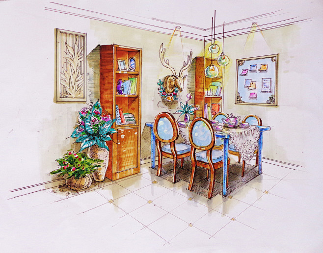 样板间餐厅效果图手绘表现2马克笔