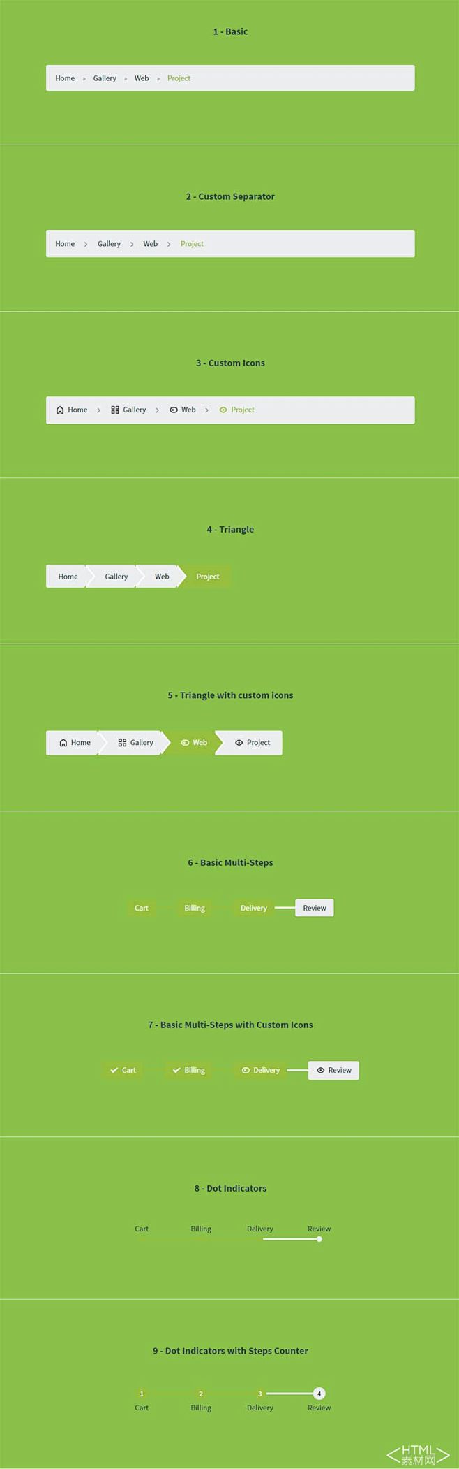 9种响应式面包屑导航和分步导航指示器ui设计网页特效html素材网