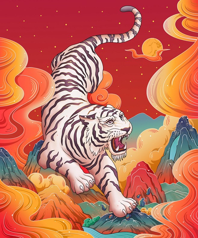 虎年插画国潮白虎插画虎啸风生
