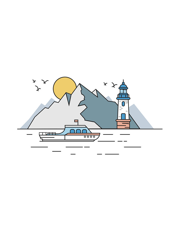 illustrator插画港口灯塔山海作者makejoing