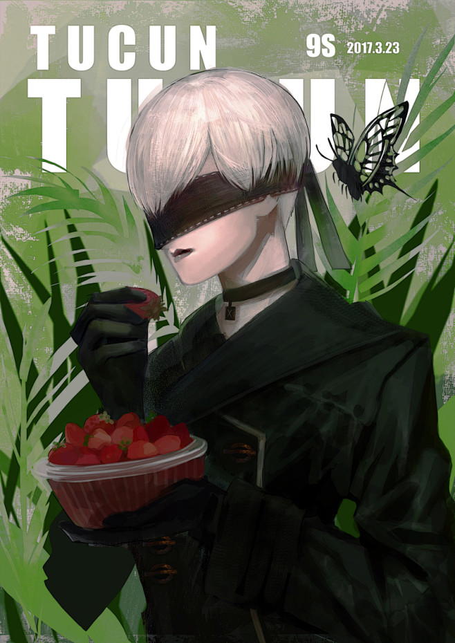 9s尼尔机械纪元厚涂原画日系帅哥二次元蝴蝶草莓眼罩银发