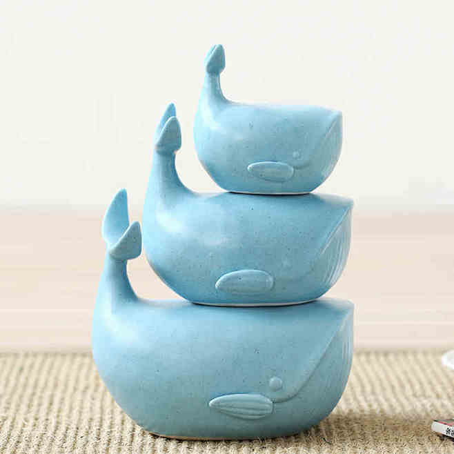 创意陶瓷摆件三件套卡通鲸鱼系列可爱摆件儿童房童趣桌面装饰品tmall