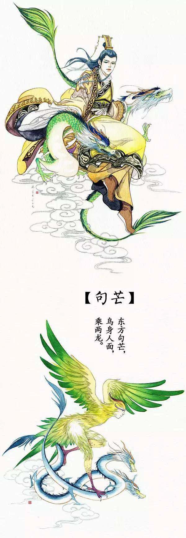 人面鸟身骑两条白龙古代传说中的木神掌管着树木的