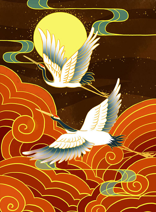 复古中国风古建筑龙国潮古风鱼国粹仙鹤嫦娥插画手绘海报设计素材淘宝