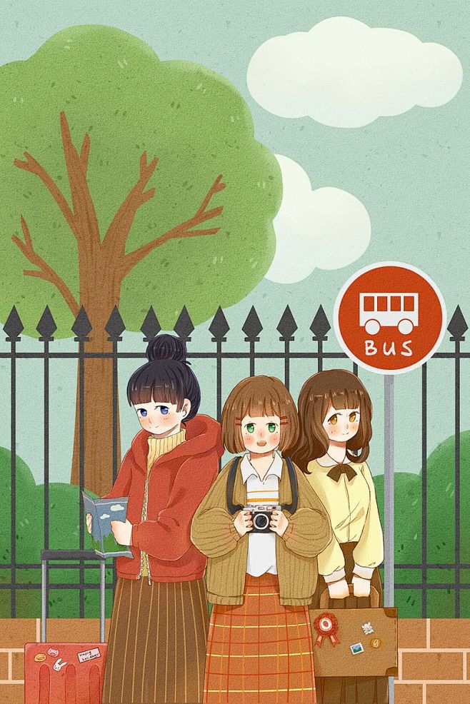 旅行结伴出游女孩闺蜜朋友可爱卡通手绘风