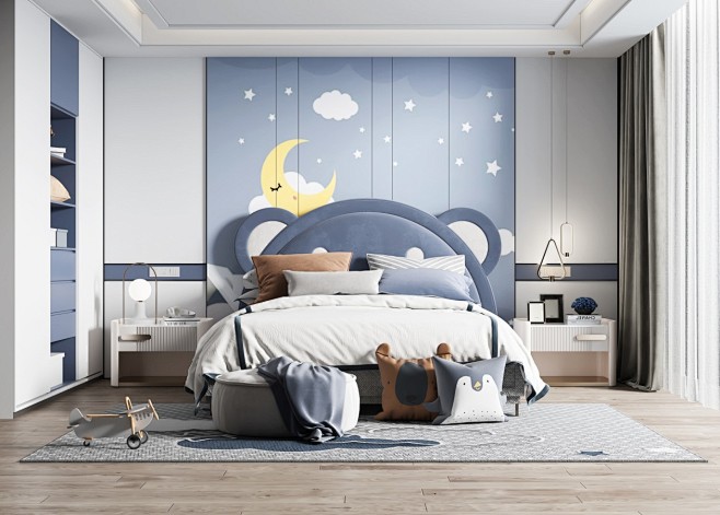 现代儿童房男孩房双人床床头柜衣柜吊灯装饰品室内设计拓者设计吧