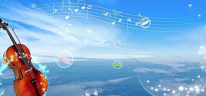 音符小提琴海面泡泡创意音乐背景辽阔大海海报banner文艺小清新简约