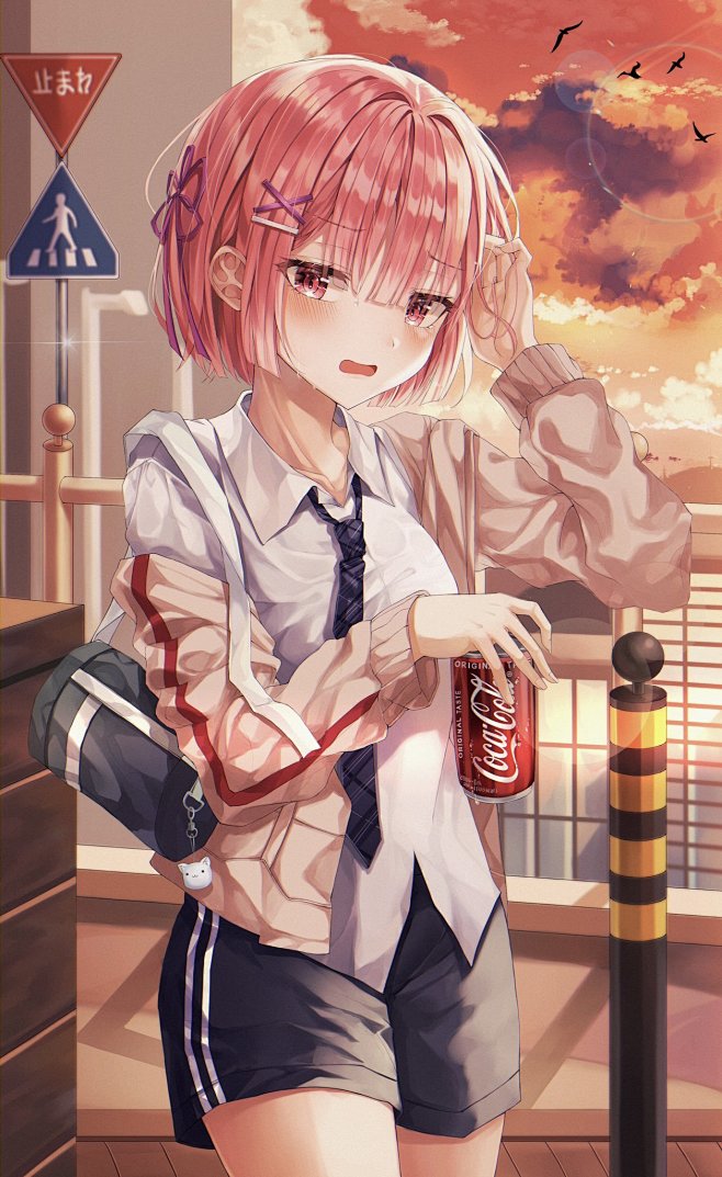 动漫女孩拉姆短发粉红色的头发垂直的可口可乐红眼睛