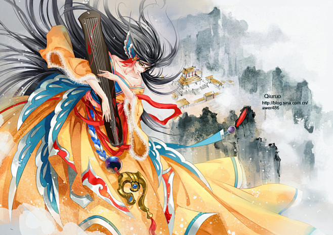 78若若秋作品古风美女手绘古筝绝色佳人插画漫画