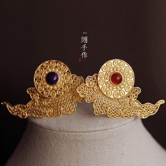翙手作狄髻头面铜镀金仿花丝镶嵌祥云朵朵掩鬓发钗汉服配饰发簪淘宝网