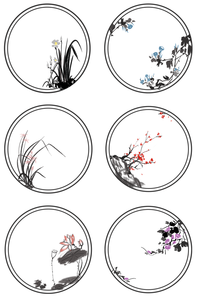 水墨古風圓形花卉邊框