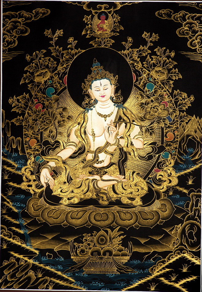 尼泊尔喇嘛纯手绘黑金唐卡白度母真金矿彩