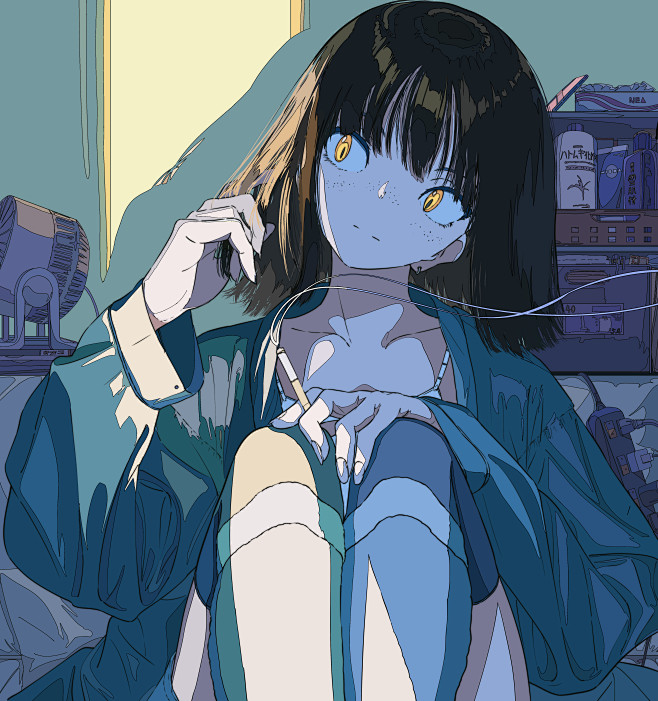 动漫5132x5464动漫女孩动漫原始角色黑发黄色眼睛香烟