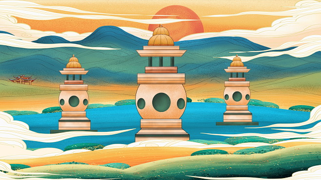 中国风城市建筑古典国潮风宫廷古楼插画手绘漫画psd海报设计素材