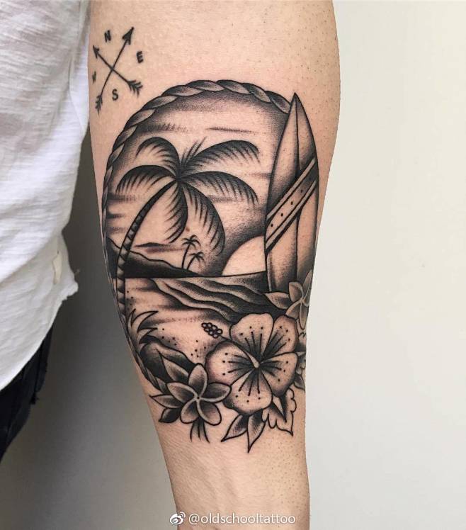黑白oldschool海边椰子树沙滩冲浪板夏天纹身