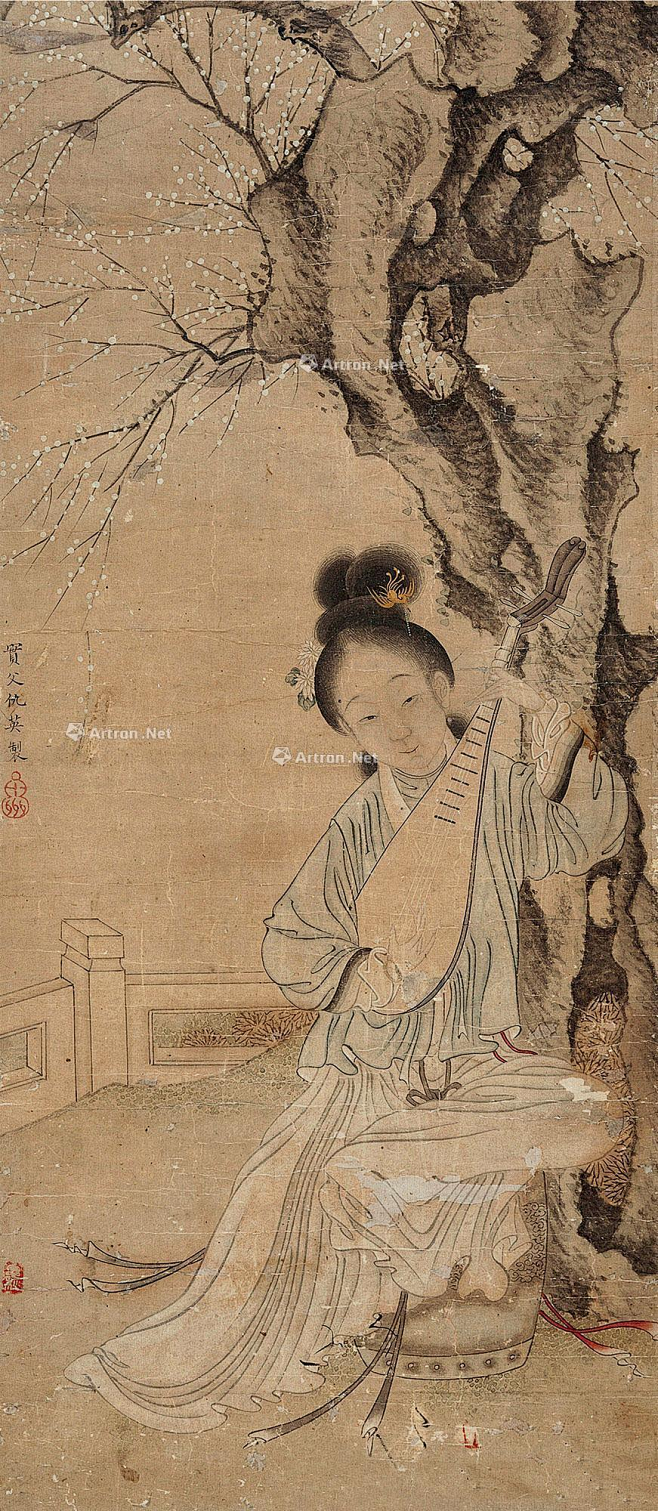 仇英款寒夜抚琴图无题仕女人物小景立轴欣赏