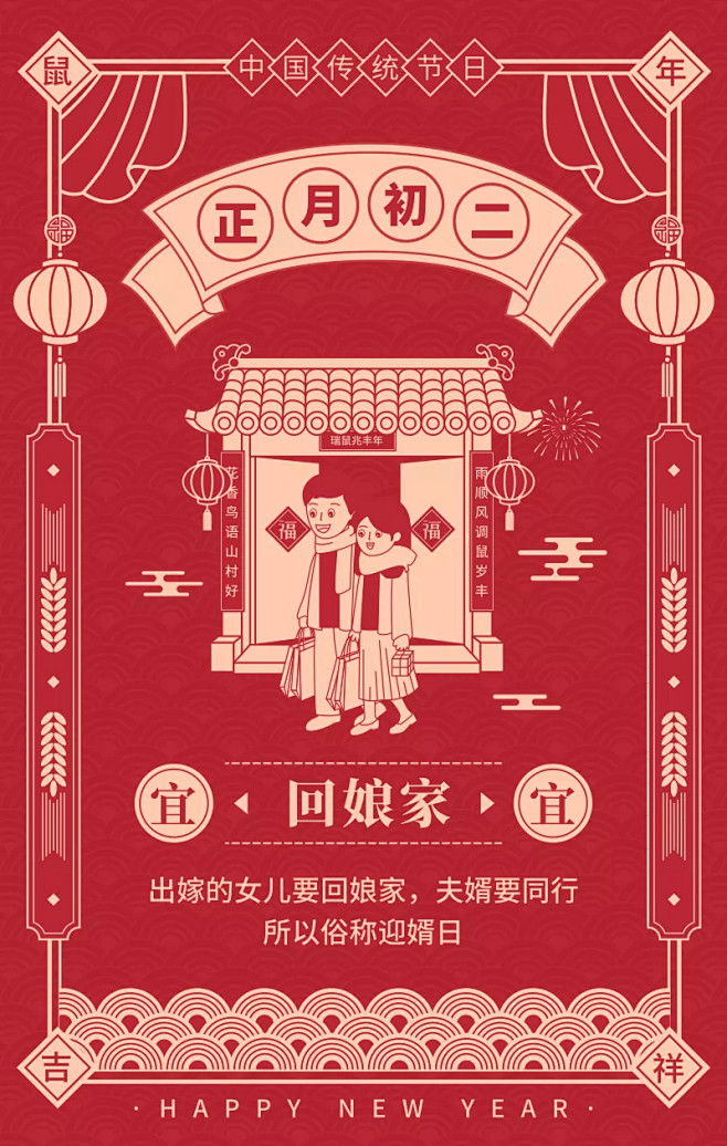 卡通手绘中国风正月初二回娘家手机海报