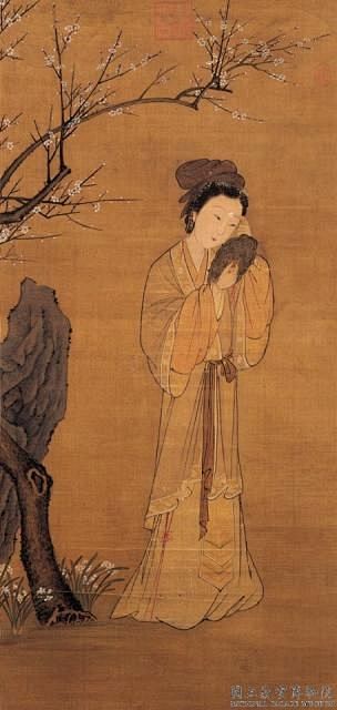 元人画 - 梅花仕女 唐徐坚[初学记]云:「宋武帝女寿阳公主,人日卧檐下