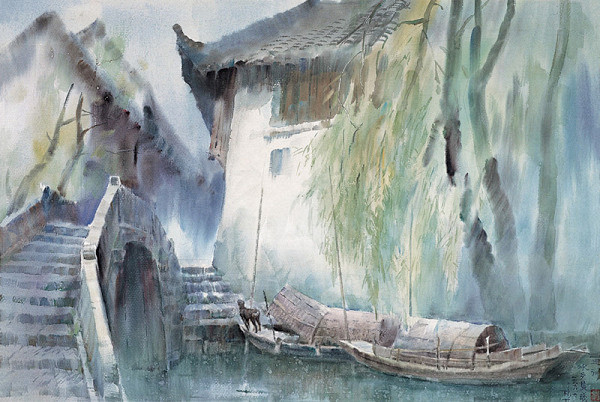 水彩画烟雨江南