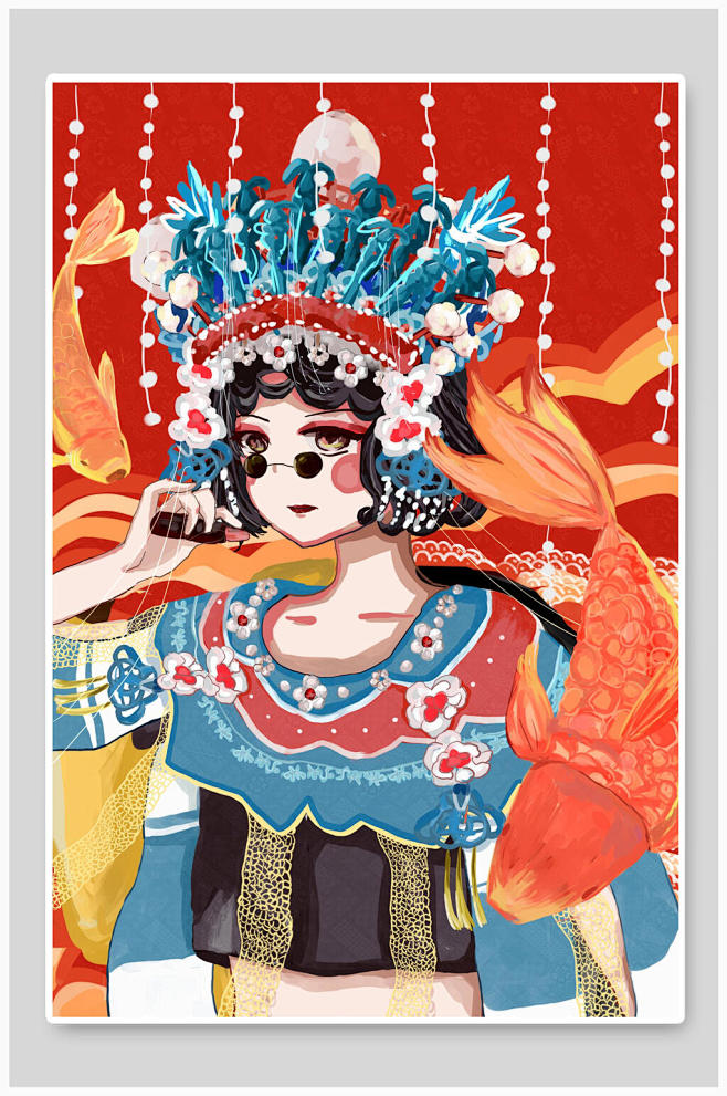 国潮京剧传统文化插画素材