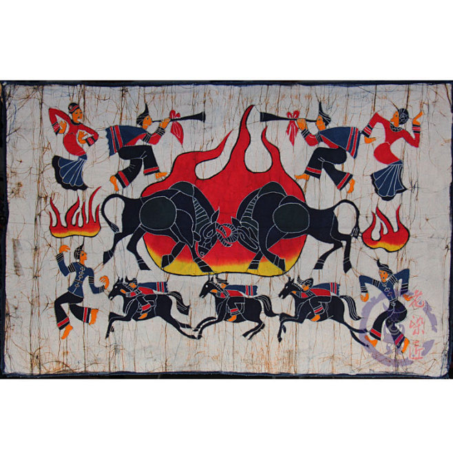 民族风蜡染画 彝族斗牛 餐厅客厅酒吧装饰画 布艺壁画87*134cm-淘宝网