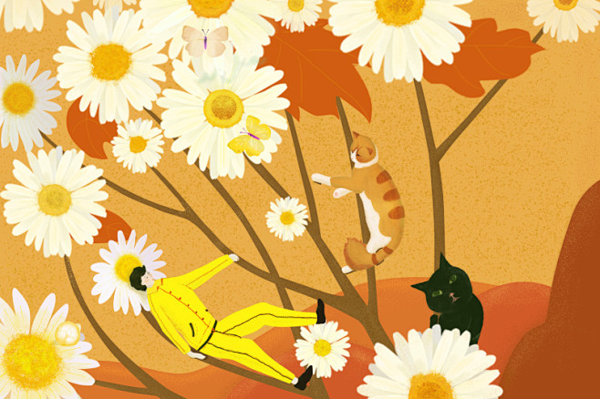 重阳节绿植动物猫插画素材
