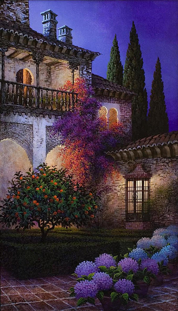 风景油画西班牙luisromero作品浪漫迷人的西班牙乡村之夜