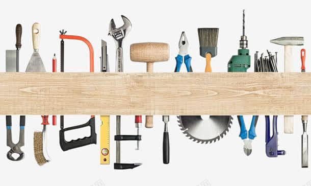 五金维修工具木板背景生活百科螺丝刀钳子锯锯齿元素免抠png设计图片
