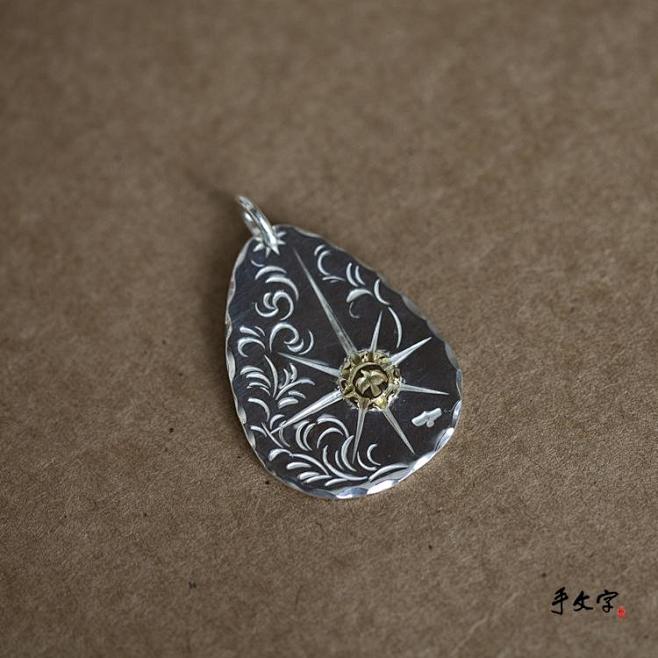 goros高桥吾郎风格18k金飞鸟印台唐草錾刻银饼挂牌定制