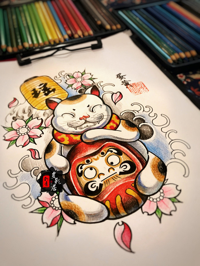 原创手稿纹身小腿纹身北京多彩居刺青店作品tattoo招财猫纹身达摩纹身