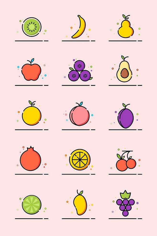 mbe风格水果猕猴桃香蕉梨失量插画