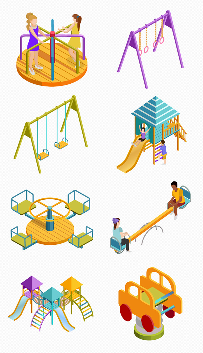 滑梯秋千跷跷板小区商场儿童游乐园手绘扁平化矢量素材
